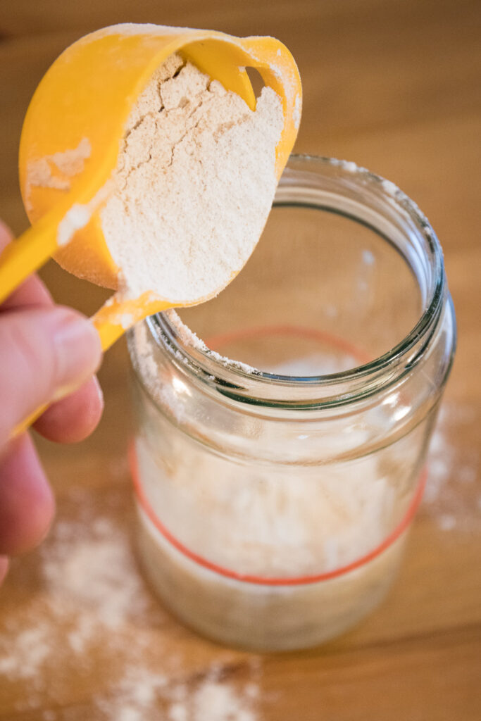 putting flour in the jar for making starter