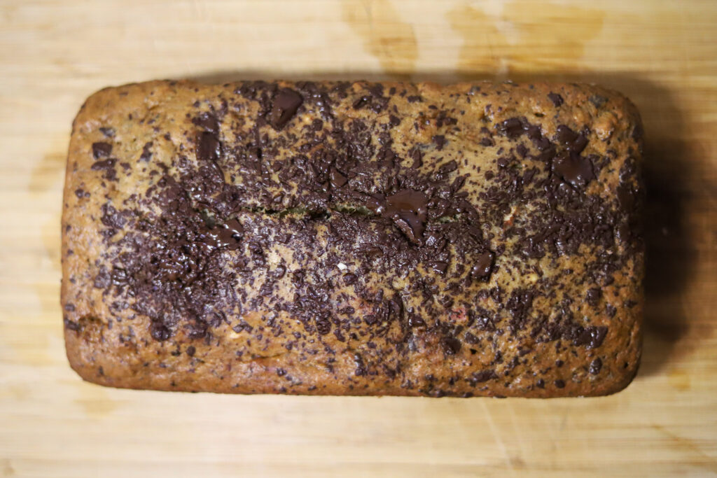 Banana bread with dark chocolate and almonds